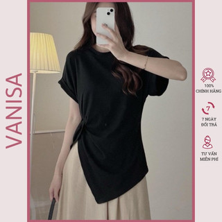 Áo Thun nữ kiểu vạt chéo rút dây tay ngắn xẻ tà trắng đen xinh đẹp co giãn 4 chiều VANISA CT057