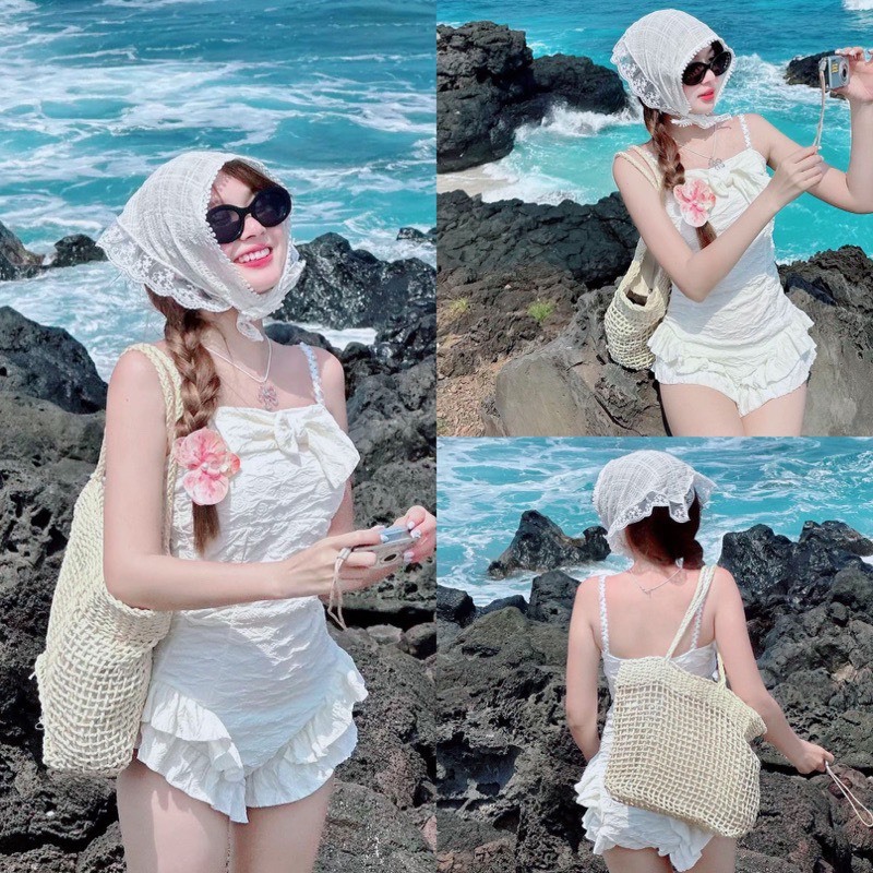 Sét Bikini 2 Dây Điều Chỉnh Được Phối Nơ Liền Thân,Bikini Liền Nơ Ngực Chân Váy Xoè Tầng