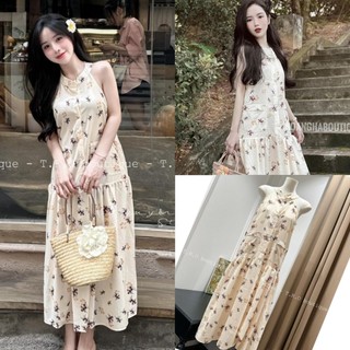 Váy Đầm Nữ Maxi Hoa Nhí Cổ Yếm Xòe Đuôi Cá Phối Túi Size S M - Halinh Shop - Váy Maxi Nữ Đuôi Cá Họa Tiết Hoa Nhí Đi Biể