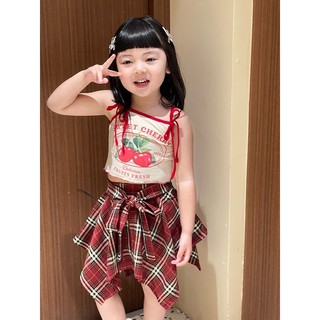  - S45 - Set váy áo 2 dây quả Cherry mix chân váy kẻ đỏ chất liệu đẹp cho bé gái 10-30kg