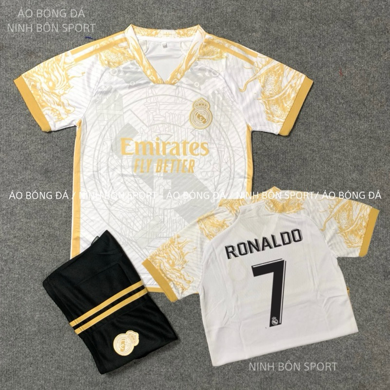 Bộ Quần Áo Đá Bóng Trẻ Em Real Madrid Rồng Đồng 2024 - Vải Mè Kim Gai Mịn