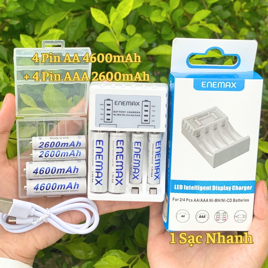 [CHÍNH HÃNG] Bộ Sạc Nhanh Enemax 4 Pin AA 4600mAh và 4 Pin AAA 2600mAh. Sạc lại nhiều lận, Tiết kiệm, An toàn, Sạc pin m