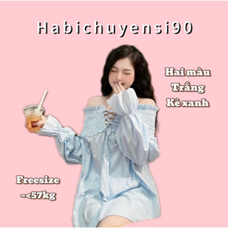 Áo trễ vai tay dài phồng babydoll bo chun buộc nơ dáng dài xinh xắn kiểu dáng Hàn Quốc Habichuyensi90