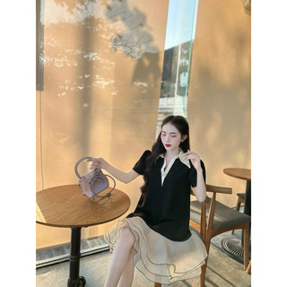 Đầm váy nữ thời trang mới chất liệu tuyết mưa phối voan cổ sơ mi phối trắng tay ngắn babydoll.