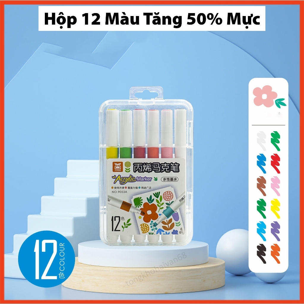 Bút màu Acrylic Marker bản chính hãng 12 Màu Acrylic chống nước - Bút lông màu arcylic, màu nước