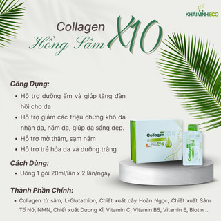 Collagen x10 thuỷ phân từ hồng sâm hàn quốc - hộp 20 gói - 2000mg collagen mỗi gói