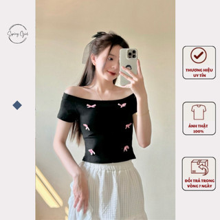 Áo babytee nữ trễ vai  Spring đính nơ ôm body tôn dáng 1116 P9K2
