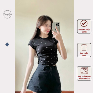 Áo thun tăm in nơ nhún eo hottend mix đồ siêu xinh Spring 160 P10K9