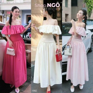 Đầm váy dài - Đầm váy maxi đi biển trễ vai phối bèo nhún eo dáng xòe dài nhẹ nhàng tiểu thư tôn da, tôn dáng cực xinh