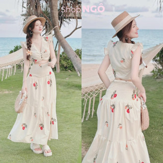 Set váy dài - Set váy nữ mặc đi chơi biển chất lụa mango hoa áo cổ V nút bọc tay bèo váy dáng dài siêu xinh sang chảnh