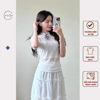Áo kiểu nữ tay ngắn lưới ren hoa nổi gợi cảm có may lót trong Spring 1204 P13K29
