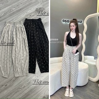Quần vải gió nhăn hoạ tiết nơ nhỏ xinh xắn dáng bom thụng rộng fisize dưới 57kg cạp chun lưng cao