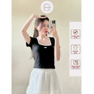 Áo baby tee cổ vuông ngắn tay dáng ôm cổ viền ren đính nơ chất thun Spring 290 P5K11