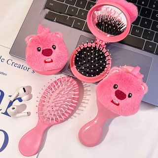 Lược chải tóc mini, Gương Lược Chải Tóc Gấp Gọn 2in1 Kèm Gương Màu Hồng Hình Loopy Dễ Thương