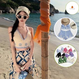Set Ren Lưới Đan 2 Món Gồm Quần Và Áo Bra, Bộ Bikini Đi Biển Phối Hoa Đan 6 Cánh Viền Màu Siêu Xinh Hàng Qccc Shopquacam