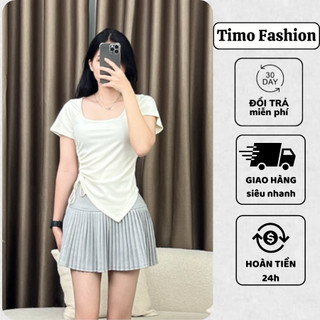Áo phông nữ có dây rút eo TIMO, Áo thun vạt chéo nữ tay ngắn, cổ vuông vải Thun tăm co giãn, mặc ở nhà, đi chơi, AOT109
