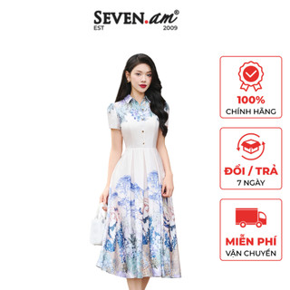 Đầm xoè cổ sơ mi hoạ tiết thời trang nữ Seven.AM OD0119I