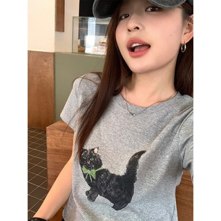 Áo baby tee in mèo đen nơ xanh peonyb - Thun nữ kiểu dáng bánh bèo tiểu thư hotgirl phong cách hàn quốc đẹp
