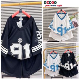 Bộ thun hè unisex in số 91 tay lỡ form rộng trẻ trung, Set bộ thể thao cổ tim vạch tay năng động - ECCOO