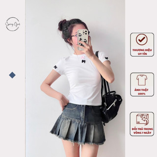Áo thun baby tee  đính nơ form ôm body chất cotton Spring 4049 P0K35