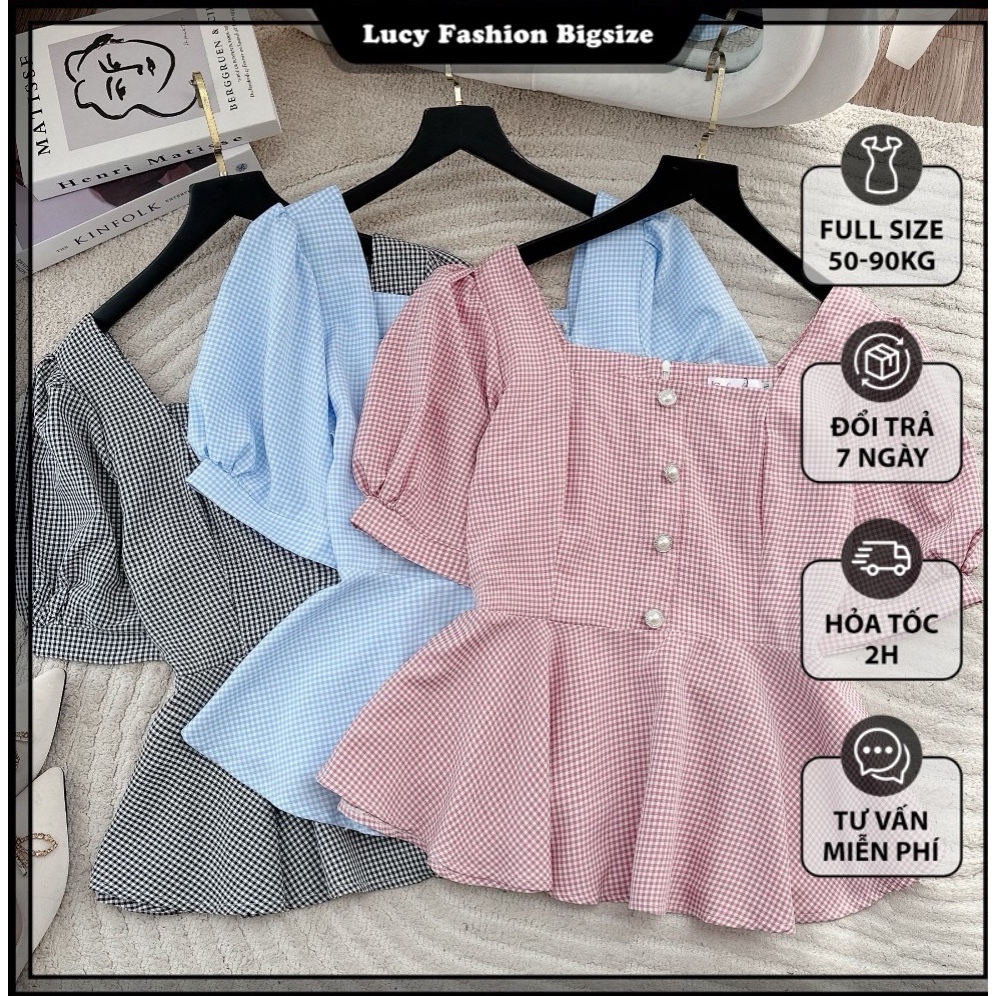 Áo bigsize nữ kiểu cổ vuông peplum tay phồng chất cotton mềm mịn dự tiệc đi chơi LUCY BIGSIZE 50 - 90kg