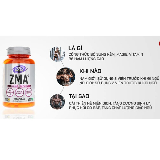 Viên uống ZMA Now Sports Recovery của Mỹ bổ sung kẽm magie vitamin B6, tăng phục hồi, hỗ trợ sinh lý