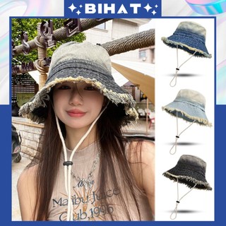 Nón bucket tai bèo thêu chất jean, mũ tai bèo chống nắng có dây viền rách tua rua mu117
