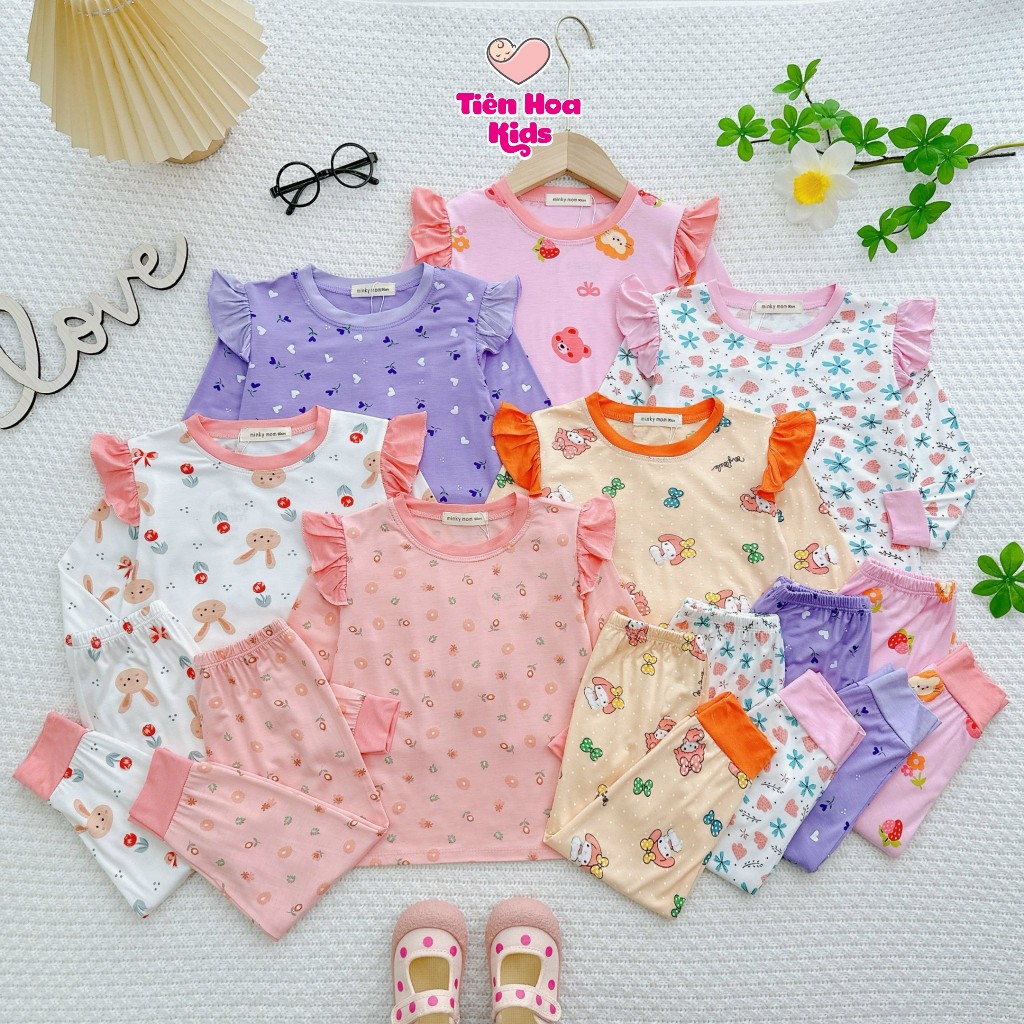   Bé 7-32kg  Bộ Dài Tay Cánh Tiên Thun Lạnh In Hoa Mềm Mịn Thoáng Mát cho bé gái mặc ngủ đi học 