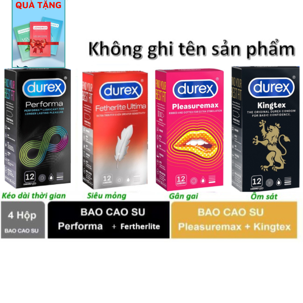 (Combo 4 hộp) Bao cao su Durex Performa, fetherlite, pleasuremax, kingtex - 48 cái