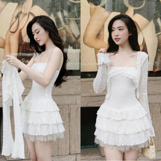 Sét đầm váy 2 dây xòe tầng ren mix áo khoác crop tay dài tiểu thư,sang chảnh (L1-kèm ảnh thật)