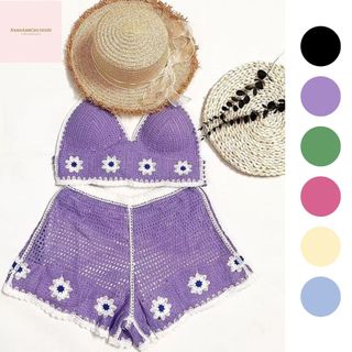 Set Ren Bikini Đi Biển 2 Món Sexy Bán Rời Theo Phân Loại, Bộ Ren Đan Lưới Đi Biển Phối Viền Hoa 6 Cánh Trơn Qccc Nanganh