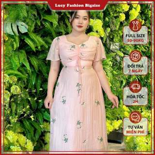 Váy đầm Bigsize nữ kiểu nhún ngực dáng xòe hoa thêu chất voan mềm mịn 2 lớp 50-90kg - LUCY Bigsize (CT23-274)
