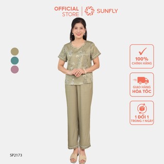 Đồ bộ mặc nhà lụa vân gỗ SUNFLY áo cộc quần dài SP2173