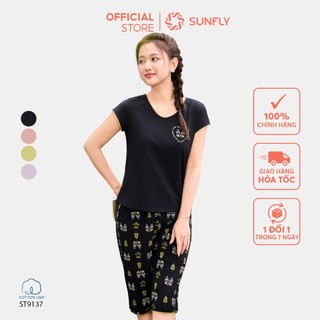 Đồ bộ mặc nhà SUNFLY chất cotton hoạ tiết in áo cộc quần ngố ST9137