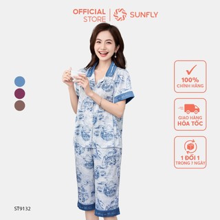 Bộ pijamas SUNFLY chất lụa latin hoạ tiết tranh áo cộc quần ngố ST9132