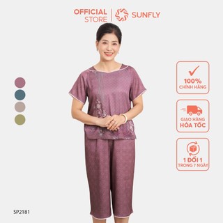 Đồ bộ mặc nhà SUNFLY chất liệu lụa vân sao băng áo cộc quần ống sớ SP2181