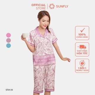 Bộ pijamas nữ SUNFLY chất lụa satin hoạ tiết lông vũ áo cộc quần ngố ST9139