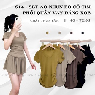 Set Áo Nhún Eo Cổ Tim Phối Quần Váy Dáng Xòe, Chất Thun Tăm - Set Đồ Nữ, Set Mùa Hè - S14