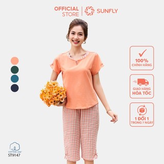 Đồ bộ mặc nhà nữ SUNFLY chất cotton USA áo cộc quần ngố ST9147