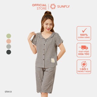 Đồ bộ mặc nhà nữ SUNFLY chất kate hoạ tiết caro áo cộc quần ngố ST9151