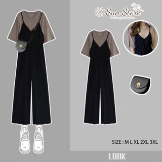 Set quần yếm áo nữ,Bộ quần jump liền thân có dây điều chỉnh eo và áo thun co dãn tay ngắn form dáng rộng có big size
