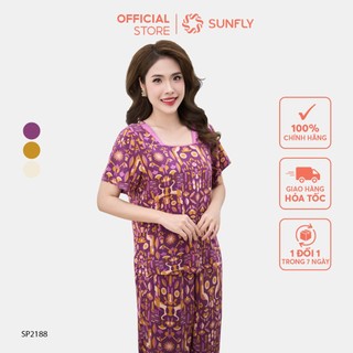 Đồ bộ mặc nhà nữ sunfly chất liệu lanh hoạ tiết áo cộc quần dài sp2188