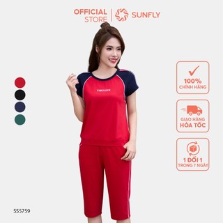 Bộ thể thao nữ SUNFLY chất cotton compact áo cộc quần ngố SS5759