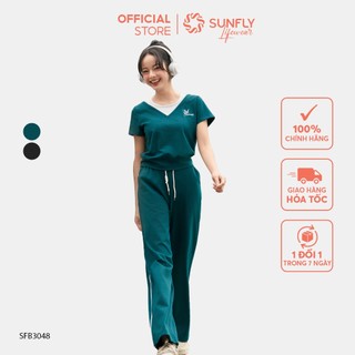 Set đồ nữ SUNFLY chất cotton dệt kim áo cộc quần suông dài SFB3048