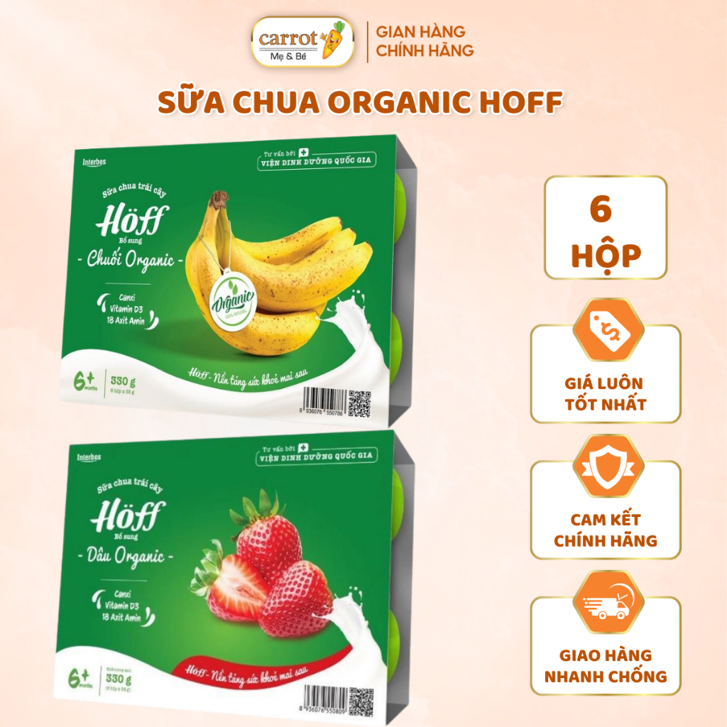 Sữa Chua Organic Hoff Vỉ 6 Hộp Vị Chuối, Vị Dâu Cho Bé Từ 6 Tháng Tuổi