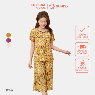 Đồ bộ mặc nhà nữ SUNFLY chất lanh áo cộc quần ống sớ SP2189