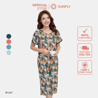 Đồ bộ mặc nhà nữ SUNFLY chất lanh lụa họa tiết áo cộc quần ngố SP2187