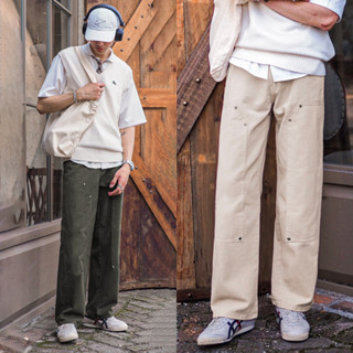 Quần Kaki Ống Suông Unisex Double Knee Reetro Form Đẹp Vải Dày Dặn - Màu Be & Rêu