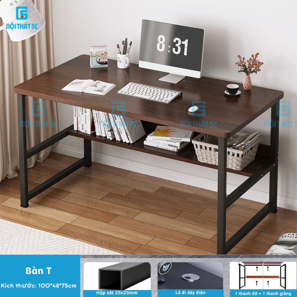 Bàn làm việc, bàn học mặt gỗ công nghiệp mdf chống xước, chân sắt hộp 25x25mm sơn tĩnh điện, chắc chắn, hàng lắp ráp
