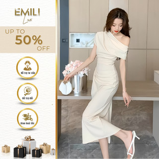 Váy body dáng bút chì Emili trễ vai, đầm dự tiệc sự kiện cách điệu chất chéo hàn sang chảnh 